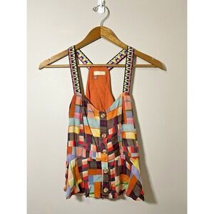 Pilcro‎ Button Up Top Womens XS Patchwork Racerback Tank Woven Straps Ruffle